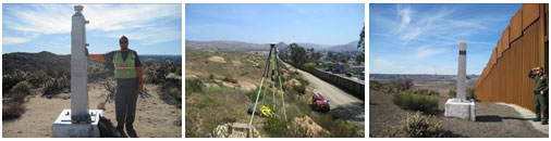 Series of three images showing a surveyor next to a survey post, a tripod tool on a desert hillside, a survey post next to a fence