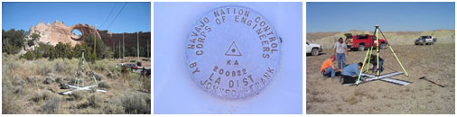 Series of three images showing a tripod in the middle of a grassy field, A seal for the Navajo Nation Control Corps of Engineers certifying work was done by Johnson-Frank, and a group of surveors working with a tripod tool in the middle of a desert area