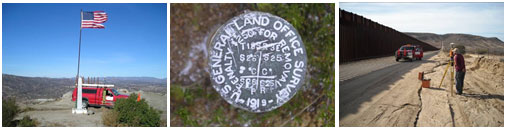 Series of three images showing a pick-up trucked parked next to an American flag, a seal for the U.S. General Land Office Survey, and a surveyor using a tripod tool in the desert